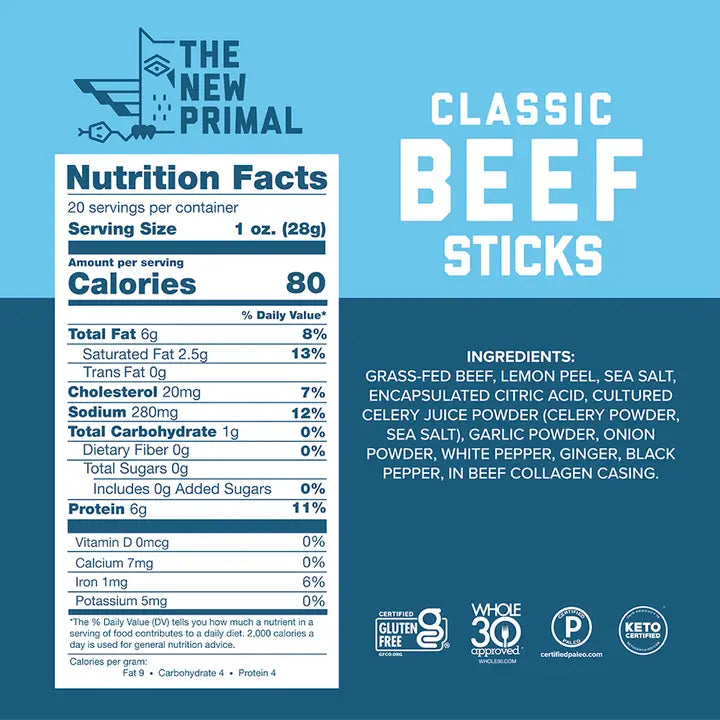 The New Primal - Classic 100% Grass-Fed Beef Meat Sticks, Zero Sugar (Box of 20)