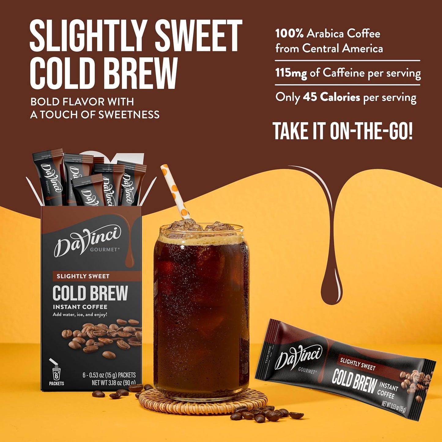 DaVinci Gourmet Slightly Sweet Cold Brew Stick Pack, Instant Coffee Powder, 6 Count