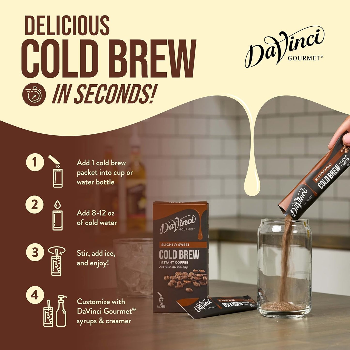 DaVinci Gourmet Slightly Sweet Cold Brew Stick Pack, Instant Coffee Powder, 6 Count