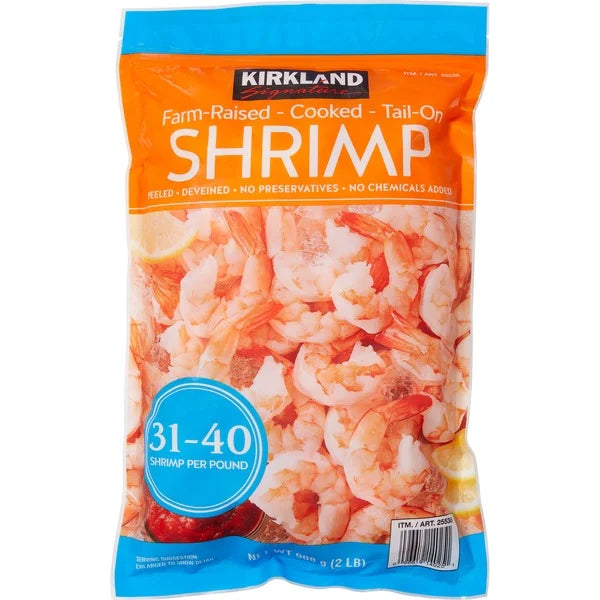 Kirkland Signature Cooked Shrimp, 31-40 Farm Raised Tail-On Peeled & Deveined, 2lb