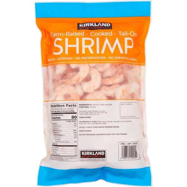 Kirkland Signature Cooked Shrimp, 31-40 Farm Raised Tail-On Peeled & Deveined, 2lb