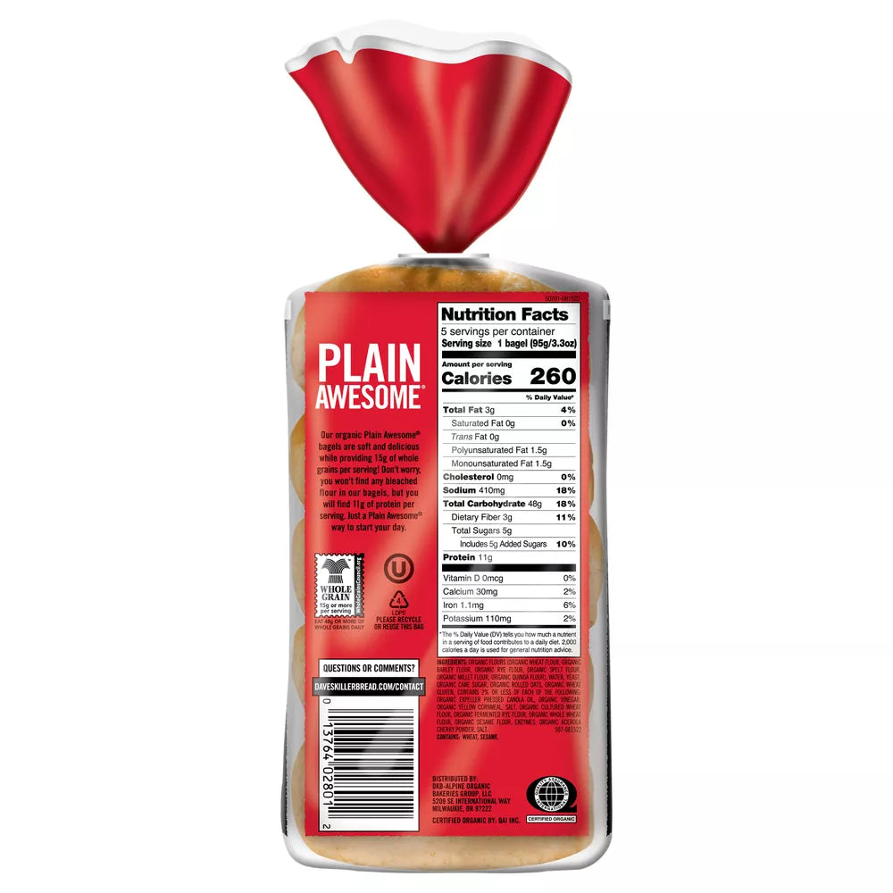 Dave's Killer Bread Plain Awesome Organic Bagels, 16.75 oz