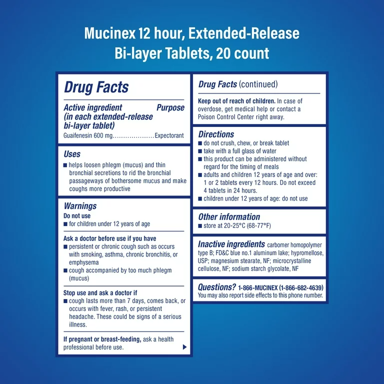 Chest Congestion, Mucinex Expectorant 12 Hour Extended Release Tablets, 20ct, 600 mg Guaifenesin with Extended Relief of Chest Congestion