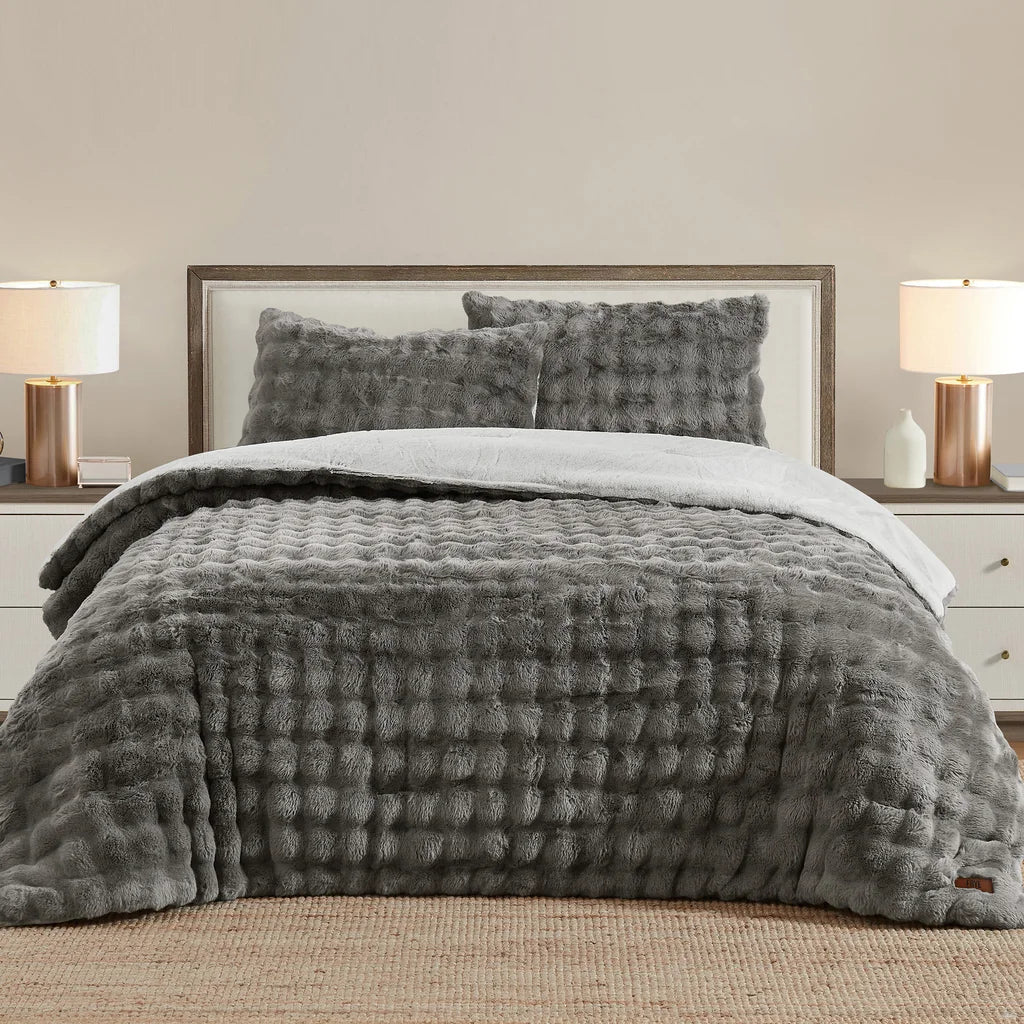 FRYE 3-piece Faux Fur Comforter Set Gray King Size