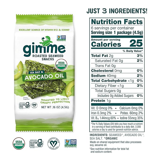 Gimme Roasted Seaweed Snacks Sea Salt & Avocado Oil, 6-0.16 oz.