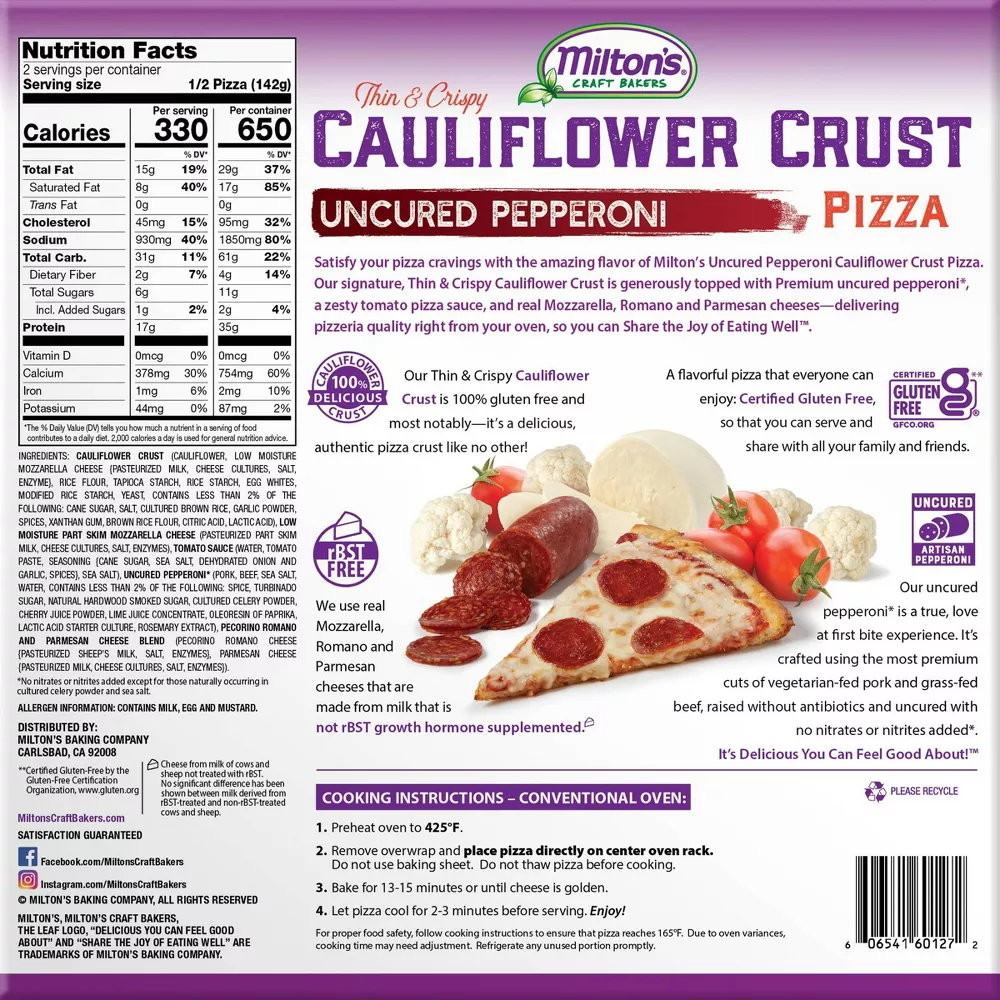 Milton's Frozen Uncured Pepperoni Cauliflower Crust Pizza - 10oz