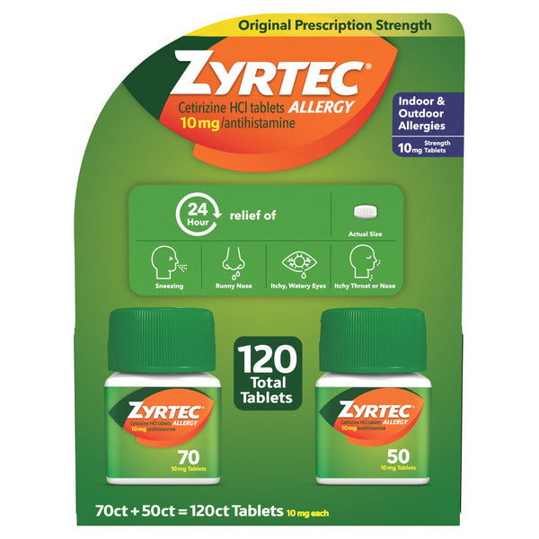 Zyrtec 24 Hour Allergy Relief Antihistamine Cetirizine HCl 10 mg, 120 Tablets