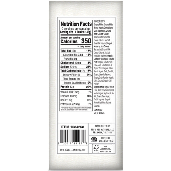 Red's Organic Bean and Cheese Burritos, 10-count