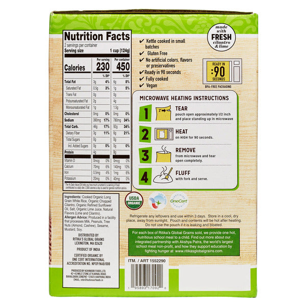 Ritika's Organic Cilantro & Lime Rice, 8.8 oz, 6-count