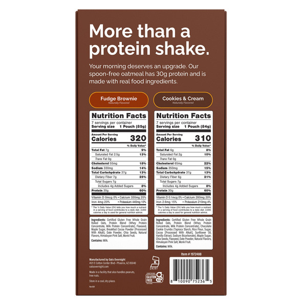 Oats Overnight Variety Pack, 30g Protein Shake, Cookies & Cream, Fudge Brownie, 14-pack