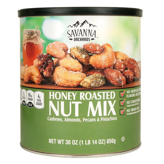 Savanna Orchards Gourmet Honey Roasted Nut Mix, Cashews, Almonds, Peanuts and Pecans (30 oz can)