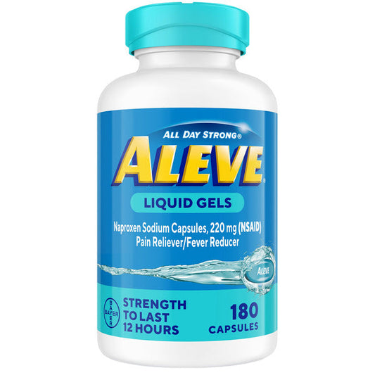 Aleve Naproxen Sodium 220 mg. Pain Reliever/Fever Reducer, 180 Liquid Gels