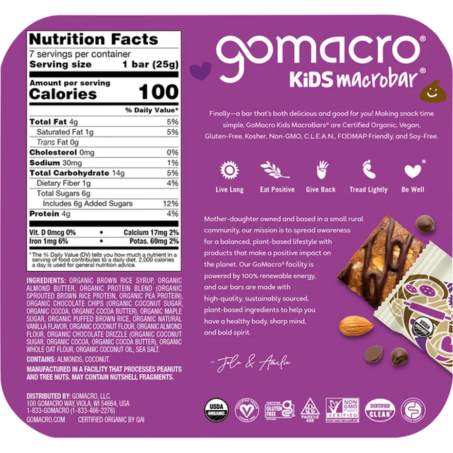 GoMacro Kids Chocolate Chip Cookie Dough Kids Bars 7 Ct