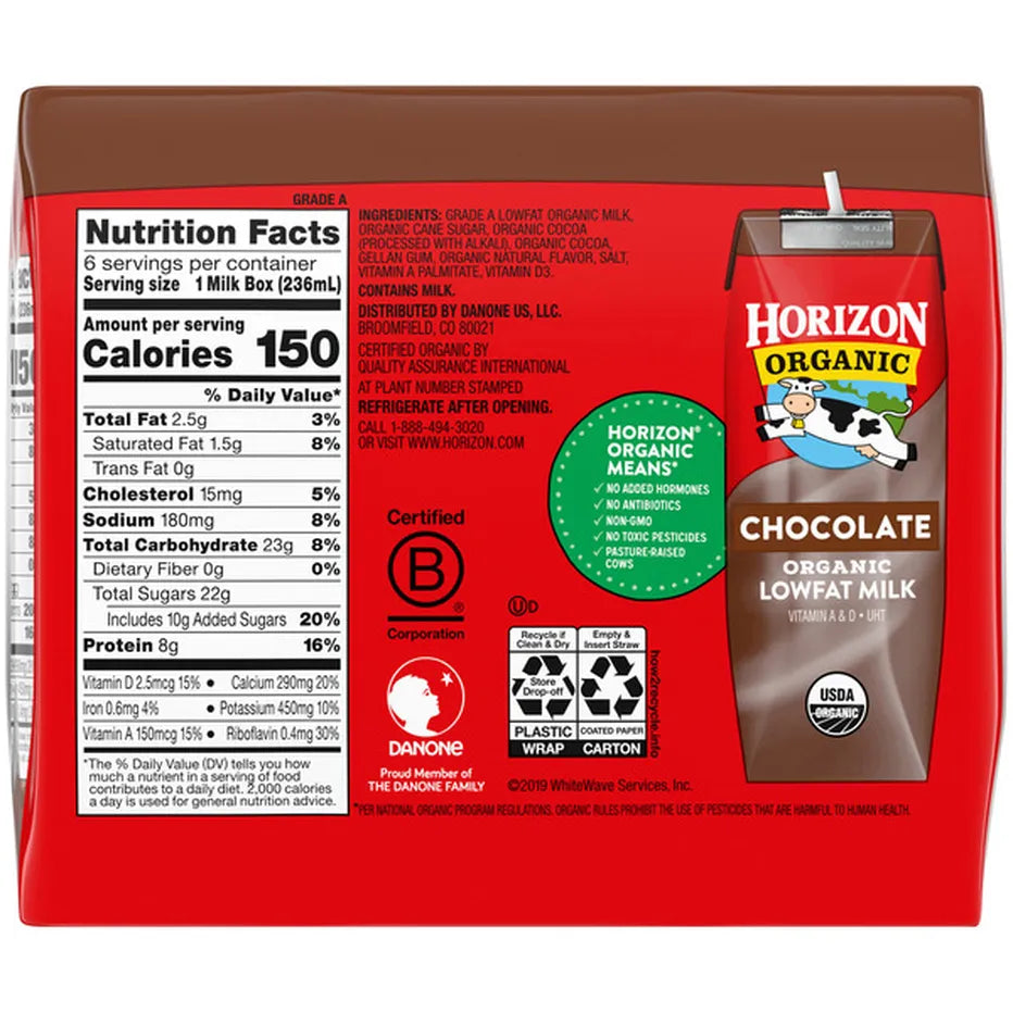 Horizon, Organic Chocolate Lowfat Milk, 8 fl oz, 6-Count