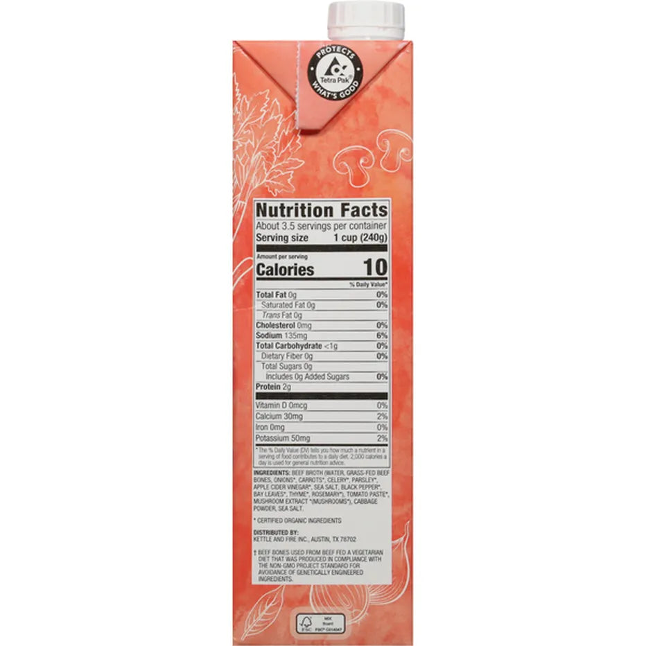 Kettle & Fire Low Sodium Beef Cooking Broth Made with 100% Grass-Fed Beef Bones, 32 oz Shelf-Stable Carton