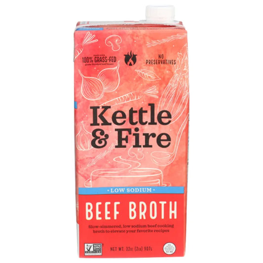 Kettle & Fire Low Sodium Beef Cooking Broth Made with 100% Grass-Fed Beef Bones, 32 oz Shelf-Stable Carton