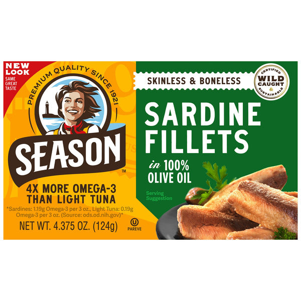 Season Sardine Fillets In 100% Olive Oil, Wild Caught, Skinless & Boneless, 4.375 oz, 6-Count