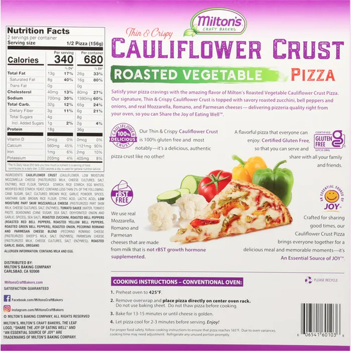 Milton's Frozen Roasted Vegetable Cauliflower Crust Pizza